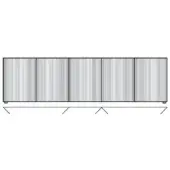 Sideboard with vertically ribbed light gray panels, black borders, and tapered legs against a white backdrop, featuring a segmented design.