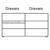 Chest of drawers schematic, black lines on white, four horizontal drawers with curved top drawer detail, symmetrical rectangular form.