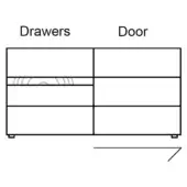 Chest of drawers and door schematic, black lines on white, three drawers left, single door right, labeled with sans-serif text.