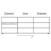 Cabinet schematic diagram, white background, rectangular shape with three vertical compartments, labeled drawers and door, minimalist technical drawing.