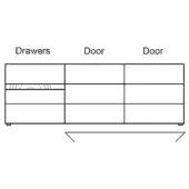 Furniture schematic with three sections: drawers on left, doors on right, outlined in black, showing curved drawer front detail.