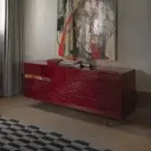 Distinguished Horm ComRì sideboard with lacquered MDF doors and drawers in glossy red finish with Toyo Ito’s Ripples Bench insert