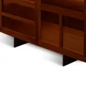 Walnut cabinet doors with paneled design, featuring raised central panels and angled dark brown legs, glossy varnish finish.