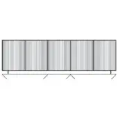 Rectangular modular structure, gray metal, vertically striated panels with angled bracket supports and a matte finish.