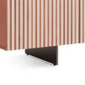 Cabinet section with reddish-brown wood slats and white panels in vertical stripes, supported by a dark brown angled leg.