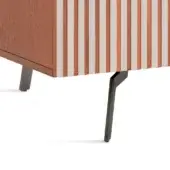 Mid-century cabinet, reddish-brown wood and white stripes, tapered dark metal legs, minimalist design, studio product shot.