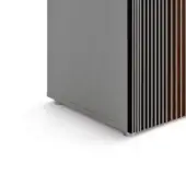 Speaker panel gray brushed metal, wood slat design, silver accents, modern audio system detail, studio product shot.