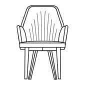 Chair line drawing, black and white, rectangular frame with vertical slats, solid seat, rounded armrests, and tapered angled legs.