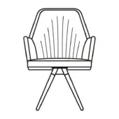 Armchair line drawing, black and white, hexagonal back with vertical slats, padded arms, tapered legs forming an x-base, mid-century modern style.