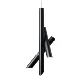 Pendant light, black metal, three intersecting cylindrical rods with conical shades and warm-toned light sources, minimalist geometric design.