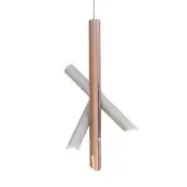 Pendant light, copper and white, elongated cylindrical form with angled matte white extensions and brushed metal texture.