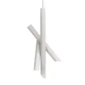 Pendant light, white metal, four intersecting cylindrical tubes in varying lengths, matte whitewash finish, minimalist modern design.