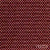 Geometric textile sample in muted red (“ciliegia cherry”) features circular perforations outlined in dark thread, woven grid texture.