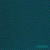 Teal woven fabric sample with dense, repeating raised circular pattern; geometric design “rolla blu pavone peacock” by Vescom, Miniforms.