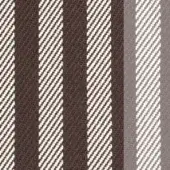 Textile sample with vertical stripes in cream and dark brown, diagonal herringbone weave, and gray band; textured, nubby fabric from Miniforms "Voulez Vous" line.