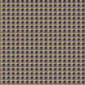 Geometric oxbow textile pattern by Maharam features mustard yellow, purple, and gray woven rectangles in a diagonal, overlapping grid.