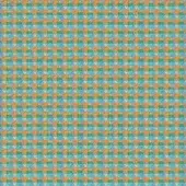 Floral textile pattern in turquoise, orange, green, gray, and light blue with woven grid texture and geometric flower shapes.