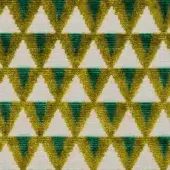 Beaded geometric fabric pattern with emerald green, golden-yellow, and white triangles in a tessellated grid; Dedar Amuleto Smeraldo textile.