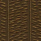 Dedar G fabric collection, Tiger Beat Fauve textile pattern featuring repeating golden-brown trapezoids, vertical textured gold bands, matte finish.