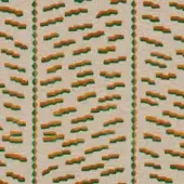 Textile pattern with elongated shapes in papaya orange, burnt sienna, and olive green on cream, featuring vertical columns and woven texture.