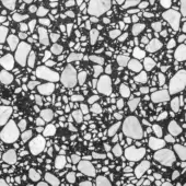 Dark gray composite material with white marble chips, polished surface, irregular speckled pattern, varied fragment sizes, robust texture.