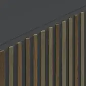 Vertical oak wood slats with a natural grain pattern against a dark gray wall, featuring a white angled line at the top.