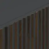 Wood railing with dark walnut vertical slats set in a gray curved base, featuring visible wood grain and a scalloped edge.
