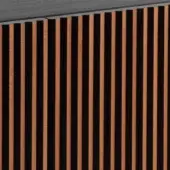 Wood wall panel, dark and reddish-brown slats, vertical linear pattern, dark gray frame, light gray band, natural wood grain texture.