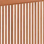 Wooden cabinet section with vertically aligned slats in alternating reddish-brown and white, featuring a bois blond beech wood grain.