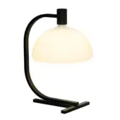 Black metal table lamp with curved arm and white dome shade, studio shot, minimalist design, rectangular base, diffused warm light.