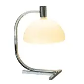 Chrome table lamp with white rounded shade, curved polished metal arm, rectangular base, mid-century modern design, and visible “chrome amas” text.