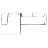 Line drawing of an L-shaped sectional sofa with curved backrests, featuring a single-seat and three-seat configuration with rectangular cushions.