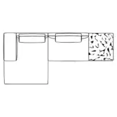 Sectional sofa line drawing, black and white, L-shape with rectangular back, flat armrests, and patterned extension on right side.