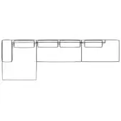 Sectional sofa black and white line drawing, L-shape configuration, five rectangular modules, recessed cushion detail, minimalist design.