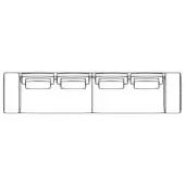 Sectional sofa line drawing, black and white, modular design with rectangular seats, squared armrests, and continuous backrest.