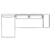 Sectional sofa line drawing, black and white, L-shape with rectangular backrest and two-cushion seating area, geometric design.