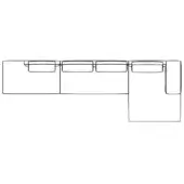 Modular sectional sofa line drawing, L-shape, four rectangular seats, raised backrests, technical schematic, white background.