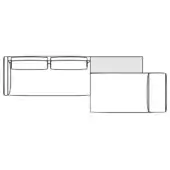 Sectional sofa line drawing, black and white, L-shape configuration with rounded and angular cushions, technical furniture schematic.
