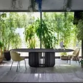 Distinguished Miniforms Juice table with veneered wood top and black Ash slats exhibiting a balanced, contemporary finish