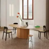 Elegant Miniforms Monoplauto table with a perforated light brown wooden top and polygonal base crafted in Italy