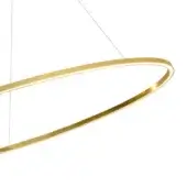 Circular pendant light, polished gold finish, minimalist design with integrated LED and thin suspension cables against a white backdrop.