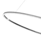 LED pendant light, polished aluminum, elongated oval ring with integrated white LED strip and single silver suspension cable.