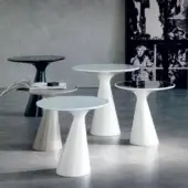 Elegant Cattelan Italia Peyote side table with circular white painted tempered glass top and matt white painted polyurethane conical base