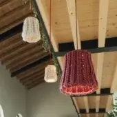 Exceptional Casamania Granny lamp, a suspension crafted in wine-red hand-woven wool sourced from Tyrolean alpine pastures with textured construction