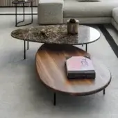 Distinguished Casamania Lily coffee table presents a two-tiered design with glossy brown wood and marble-like surfaces supported by black metal legs