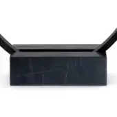Black marquinia console table base with diagonal gray veining, featuring a polished marble block and matte black metal supports.