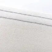 White fabric texture with a straight seam stitched in ral7037 dusk grey, displaying a tight weave and subtle, neutral background.