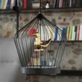 Exceptional Casamania Twee T suspension lamp with a black painted metal rod cage and 24-carat gold plated ceramic bird within