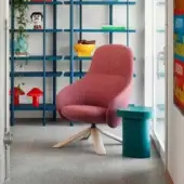Superior Miniforms Nebula Wood lounge chair in reddish-pink textured textile upholstery with natural wood base