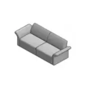 Gray fabric three-seater sofa, boxy design with rounded arms, low profile, matte finish, angled cushion backrest, studio shot.